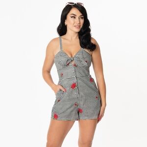Unique Vintage 1960s Black Gingham & Roses Print Hayward Romper